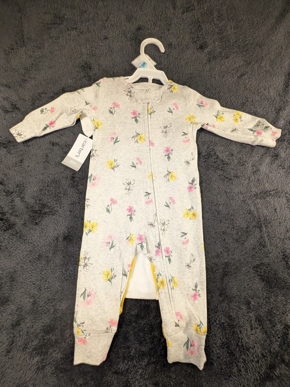 Carter's Gray Floral Zip Baby Footie with Pink & Yellow Blooms
